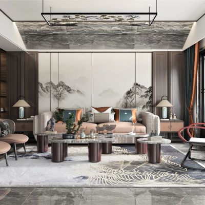 新中式风格客厅，沙发茶几组合，饰品摆件，中式吊灯