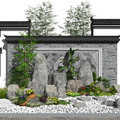 新中式景观小品假山石头景墙植物盆栽枯山水SU模型