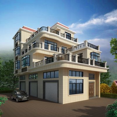 简欧别墅外观多层住宅 独栋别墅 汽车 树 栏杆 铜门 灌木