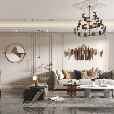 简欧客厅餐厅，沙发，餐桌，电视柜，酒柜，吊灯，装饰画