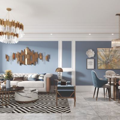 简欧客厅餐厅，沙发，餐桌，电视柜，酒柜，吊灯，装饰画