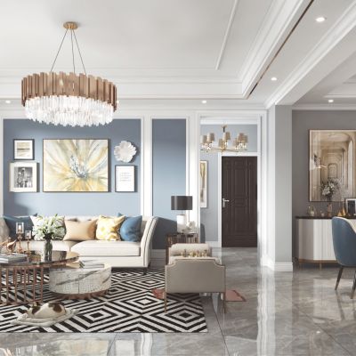 简欧客厅餐厅，沙发，餐桌，电视柜，酒柜，吊灯，装饰画