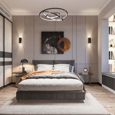 现代卧室，双人床飘窗，炕桌