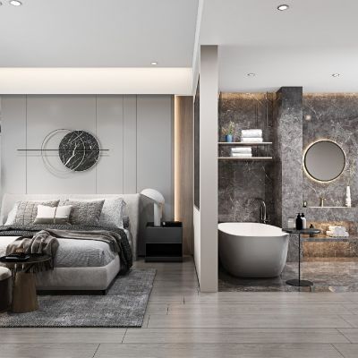 现代轻奢卧室,双人床，卫生间