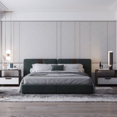 现代卧室，双人床，床头柜