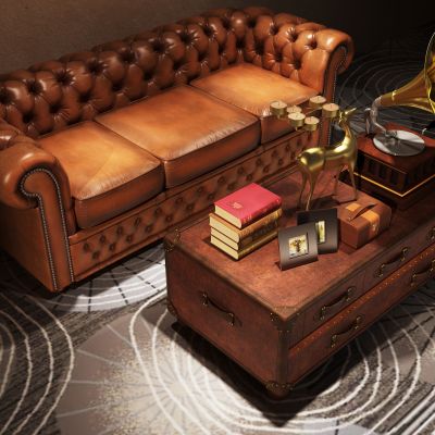 美式皮革多人沙发,皮箱茶几