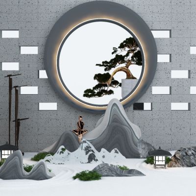 新中式庭院枯山水景观,石头