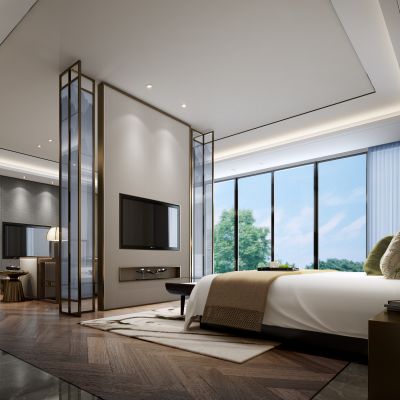 别墅新中式主卧起居室 