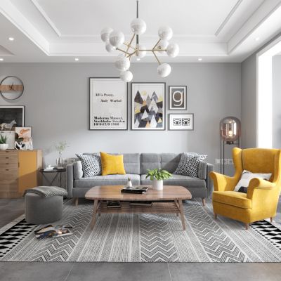 北欧客厅餐厅，沙发，餐桌，电视柜，酒柜，吊灯，装饰画