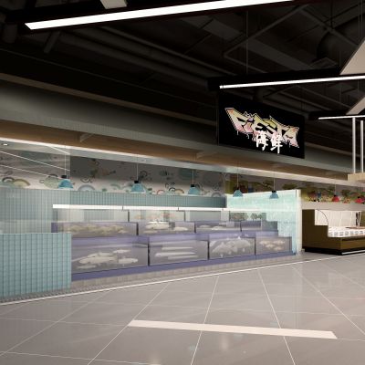 超市收银区海鲜区货架区