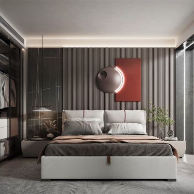 现代风格卧室，墙饰，双人床
