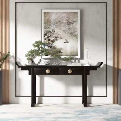 中式风格端景条案，松树盆景