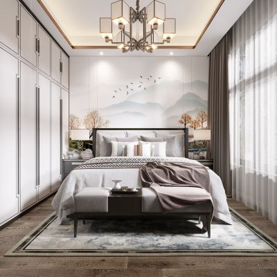 新中式卧室，卧室，