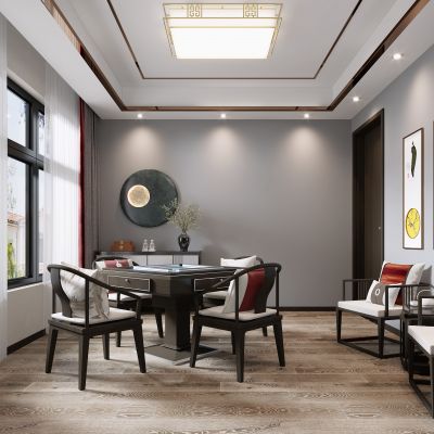新中式棋牌室，棋牌室，麻将室，3D模型