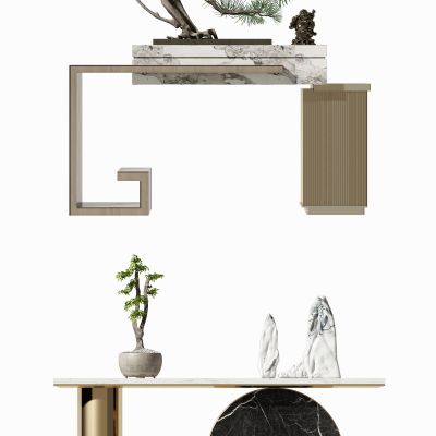 新中式玄关柜  盆栽摆件