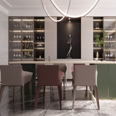 现代餐厅，轻奢餐厅，餐厅，餐桌，酒柜，