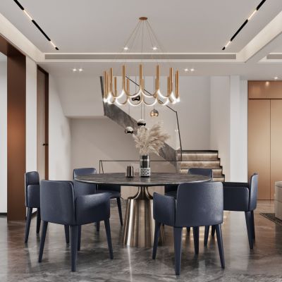 2021艾巴优学员投稿-现代轻奢客餐厅，客厅玄关，沙发，西餐区，楼梯间，电视背景