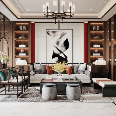 2021艾巴优学员投稿-新中式客餐厅，水吧区，电视背景，沙发背景