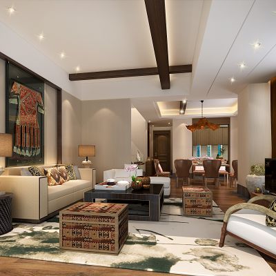 云南大理王宫别院样板间设计cad施工图纸（附物料表、效果图）