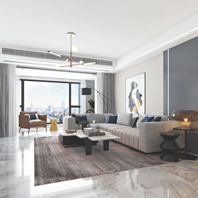 现代轻奢客厅餐厅，转角沙发，茶几台灯