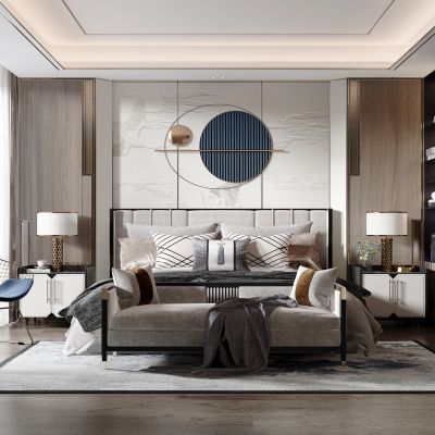 新中式轻奢卧室,双人床，床头柜