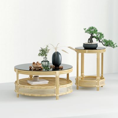 新中式圆形藤编茶几边几组合