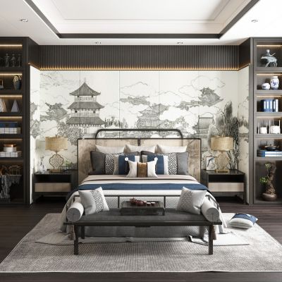 新中式卧室，双人床