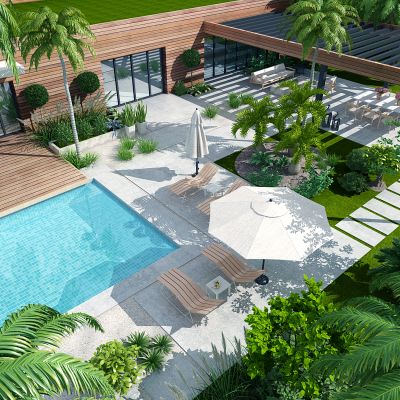 现代景观庭院花园泳池鸟瞰