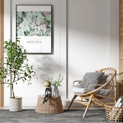 北欧藤编户外休闲椅边几