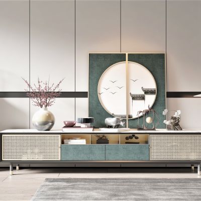 新中式风格电视柜，饰品摆件，装饰画