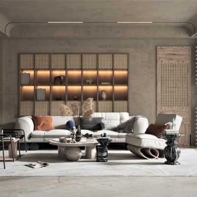 侘寂风格客厅，沙发茶几组合