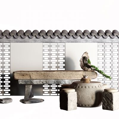 中式茶桌 围墙 瓦片 石桌 户外桌