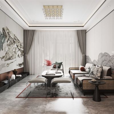 新中式风格客餐厅，电视背景墙