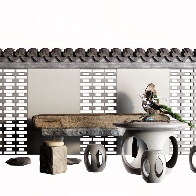 中式石桌 户外桌 围墙 瓦片