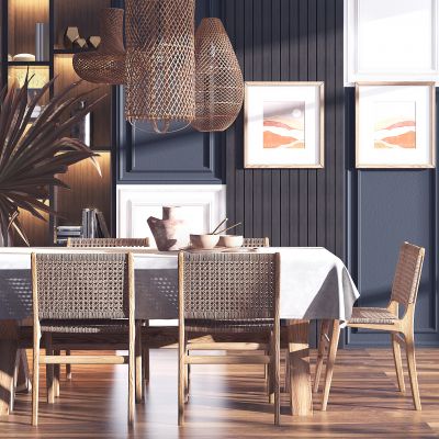 混搭风格民宿乡村藤编编织餐桌椅