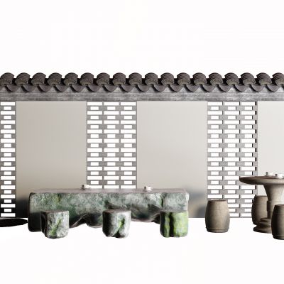 中式石桌 户外桌 围墙 瓦片