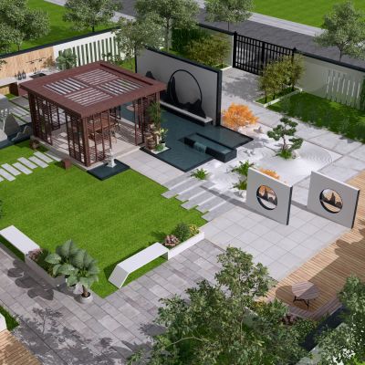 现代别墅庭院景观花园鸟瞰