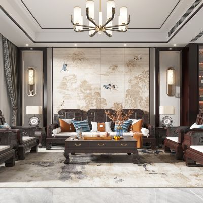 中式客餐厅复式实木家具