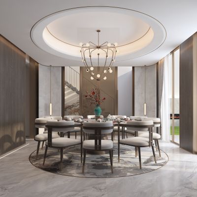 新中式家装样板间圆形餐厅餐桌椅