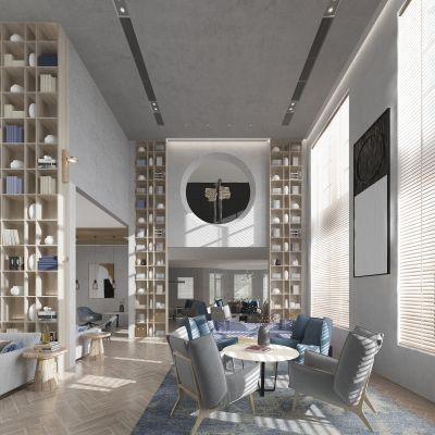 现代售楼处会所洽谈区书吧书柜