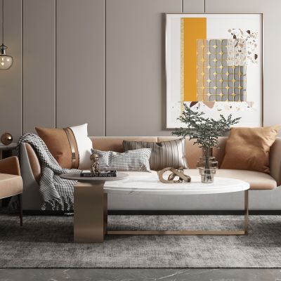 现代轻奢皮革沙发单人椅茶几