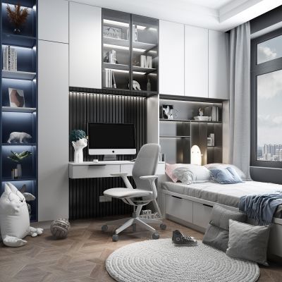 现代榻榻米儿童房学习椅转椅圆形地毯