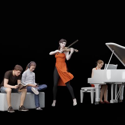 现代看书弹钢琴坐着人物