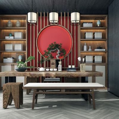 新中式实木原木大板茶桌椅