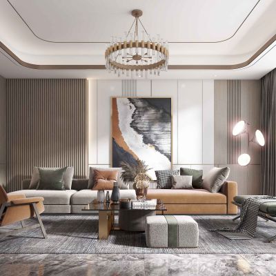 轻奢客厅沙发茶几椅子凳子书柜吊灯挂画落地灯