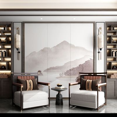 新中式单人休闲椅子沙发书柜壁灯