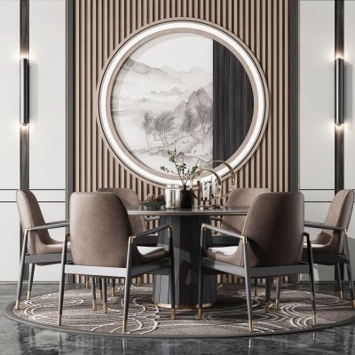 新中式现代轻奢圆形餐桌椅子