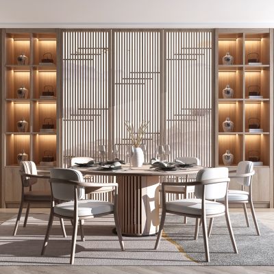 新中式圆形餐桌椅画格门扇