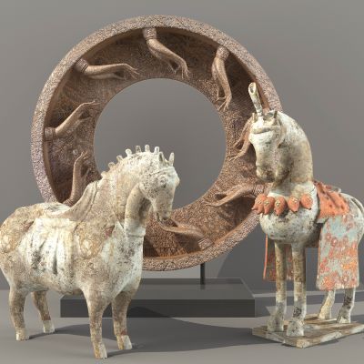 陶土陶俑彩陶马匹古董摆件唐三彩摆件雕塑