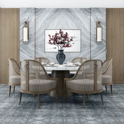 新中式圆形藤编餐桌椅组合